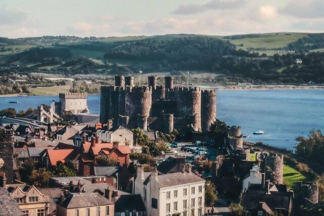 Arial view of conwy castle and conwy harbour