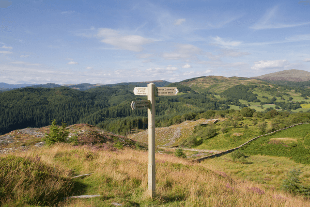Signpost for the Precipice Walk, one of the famous attractions of Dolgellau, North Wales,