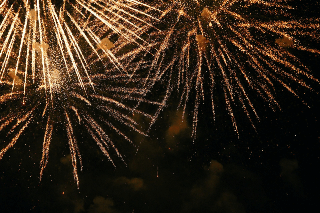 Golden fireworks against a black sky.