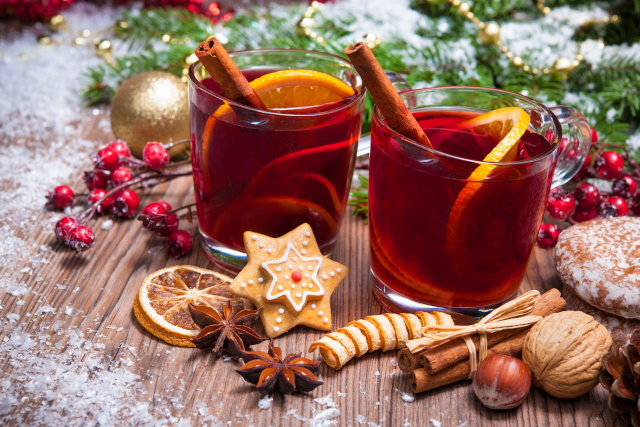 Two glasses of mulled wine with christmas decoration