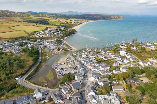 Aerial view of the town and coast at Abersoch, Llyn Peninsula