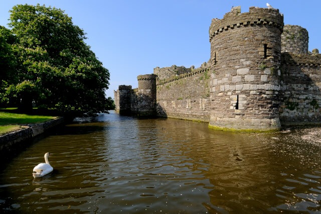 Outside view of the tower, wall and moat at Beaumaris Castle, Anglesey