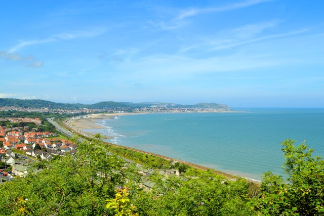 Aerial view of beach and cliffs at Colwyn Bay, North wales