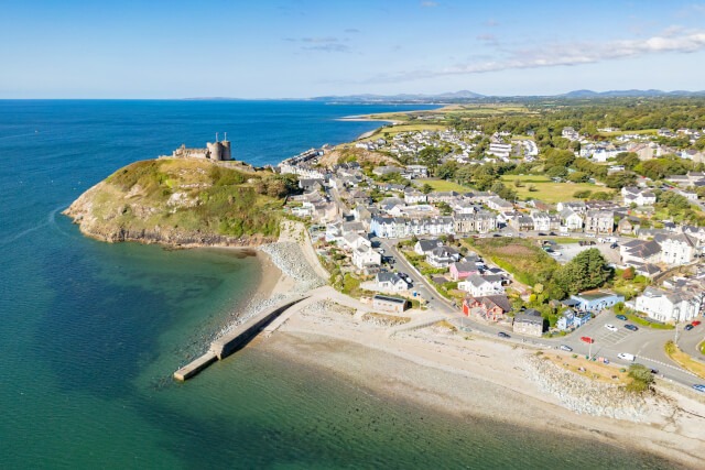 Aerial view of Criccieth Beach on the Llyn Peninsula, North Wales